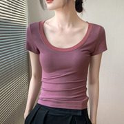 大u领t恤女2024夏季弹力，修身外穿葡萄紫正肩纯色短袖上衣薄款