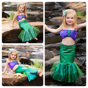 女童美人鱼尾巴裙式中小童泳衣，3件套装公主宝宝分体表演人鱼服装