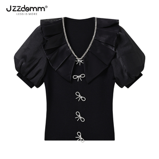 九州诚品jzzdemm蝴蝶结装饰大翻领，拼接雪纺袖，针织短袖修身上衣女