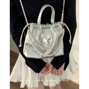 银色蝴蝶双肩包包女式2024潮时尚，韩国珍珠链条背包百搭手提包