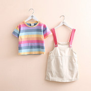女童彩虹套装2023夏装韩版儿童，宝宝条纹t恤背带裙两件套洋气