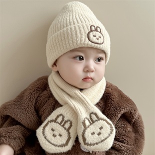 秋冬季婴儿保暖套装婴幼儿帽子，围巾两件套可爱兔子宝宝，毛绒套(毛绒套)头帽