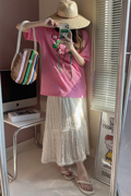 韩国中长款短袖t恤女夏季宽松小清新甜美减龄显瘦立体花朵上衣ins