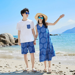 海边度假情侣装2024高级感套装沙滩裙三亚旅游拍照t恤连衣裙