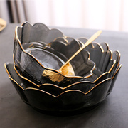 日式花型金边玻璃沙拉碗烟灰色锤纹玻璃碗套装蔬菜沙拉玻璃碗