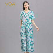 VOA真丝印花提花深海湛蓝V领短袖撞料拼接不对称褶皱桑蚕丝连衣裙