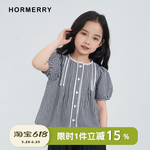 赫米童装2025夏季新款女童黑白格子褶皱泡泡袖娃娃衫短袖衬衫衬衣