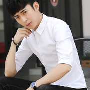 夏季男士潮五分袖衬衣休闲韩版修身中袖寸衫时尚纯色短袖衬衫