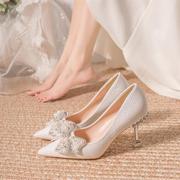 银白色新娘鞋主婚纱秀禾水晶鞋新娘婚鞋高跟鞋女法式高跟
