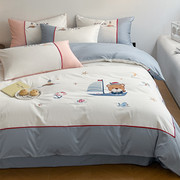男孩女童卡通纯棉四件套儿童，全棉刺绣被套可爱风床单床笠床上用品