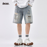 iocss美式复古浅蓝色破洞牛仔，短裤男夏季青春，时尚环保情侣五分裤