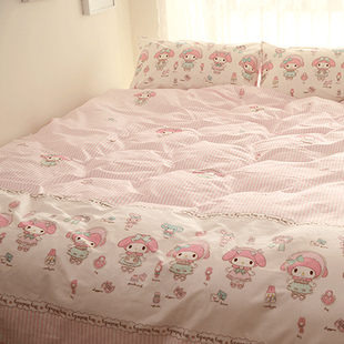 小米馍馍 粉色条纹卡通可爱精梳纯棉少女床单床笠四件套床上用品