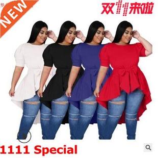 S-xxxl Women's Plus-size bow Hem T-shirt大码女士时尚短袖T恤