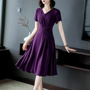 紫色雪纺缎面连衣裙夏季薄款2024高端v领气质不规则奢华大牌