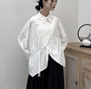 复古民族风斜排扣长袖衬衫女装上衣宽松创新不规则设计中国风衬衣