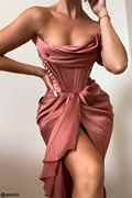 pinkpartydress褐红色，单肩袖连衣裙开叉不规则，鱼骨抹胸礼服