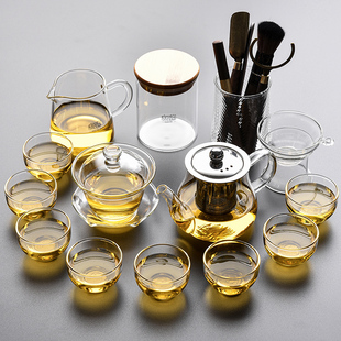 透明玻璃茶具套装家用客厅，办公室会客泡茶器功夫，茶杯茶壶盖碗茶道
