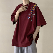 酒红色新中式短袖男t恤中国风，重磅320g夏潮牌cleanfit纯棉7七分袖
