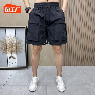 美式多口袋工装纯色五分短裤男士2023夏季港风休闲宽松中裤子