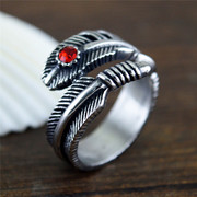 时尚个性镶钻羽毛男士戒指，红色钻钛钢复古潮人指环，饰品礼物str343