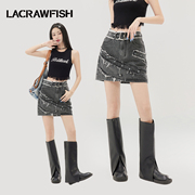 LA CRAWFISH美式街头辣妹牛仔短裙女高腰腰带包臀A字防走光半身裙