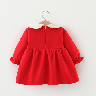 婴幼儿加绒加厚连衣裙大红色拜年服1一2岁3周半4宝宝小孩过年裙子