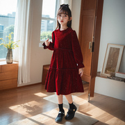 秋冬季女童金丝绒公主裙儿童韩版洋气红色连衣裙女孩生日礼服裙子