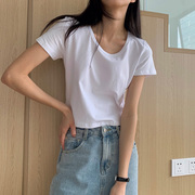 纯白色短袖t恤女夏季短装，修身小款高腰，棉质配阔腿裤短款上衣