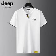 Jeep吉普短袖t恤男士夏季薄款v领白色体恤2024假两件上衣服男
