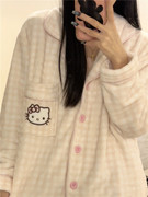 日系kitty猫睡衣女冬天甜美加绒加厚珊瑚绒秋冬季保暖家居服套装