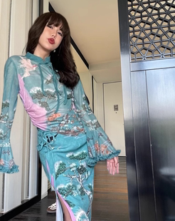 新中式国风女装改良旗袍年轻款高端气质小个子蓝色碎花连衣裙夏季
