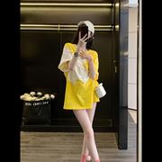 黄色短袖女t恤夏季2024中长款小众设计感宽松大版潮牌上衣