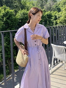 韩国chic夏季复古西装领设计感小众系带收腰条纹，衬衫连衣裙女