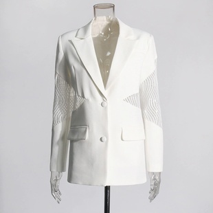 2024春夏款优雅小性感蕾丝，透视拼接白色西装外套，ol气质显瘦小西服