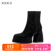 JOOC玖诗粗跟短靴女2023冬季防水台瘦瘦靴复古方头时装靴女鞋