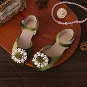 法式rv玛丽珍鞋珍珠圆扣芭蕾舞平底低跟女童鞋包关公主鞋绿色凉鞋
