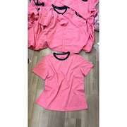 欧洲站正版高品质玫粉色系亲肤简约T恤女领口撞色宽松上衣ins潮
