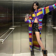 毛衣秋季上衣女2023年设计感小众彩色条纹长款彩虹针织开衫外套