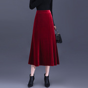 红色金丝绒半身裙女秋季2023高腰显瘦垂感a字裙气质中长裙子