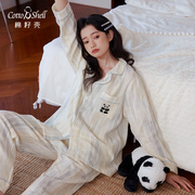a类双层棉纱纯棉亲肤可爱熊猫刺绣睡衣女，秋季长袖家居服套装
