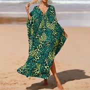 欧美时尚性感豹纹连衣裙显瘦大码沙滩裙拍照海边度假绿色长裙