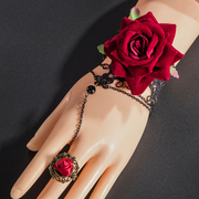 巴洛克复古奢华圣诞节红玫瑰花朵，流苏手链戒指，一体链女士腕带饰品