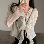 韩国ins春夏法式荷叶边系带V领喇叭袖衬衫女气质防晒雪纺开衫外套