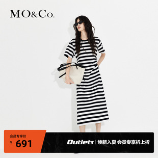 MOCO奥莱棉质黑白条纹抽绳镂空短袖连衣裙小众休闲气质裙子
