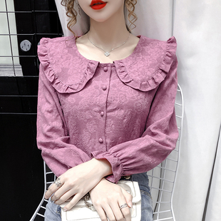 早秋装2024年女士娃娃领上衣，纯棉提花衬衫女长袖，开衫紫色衬衣