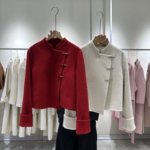 2023冬季短款双面羊绒大衣女中式国风小个子圣诞红色毛呢外套