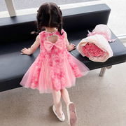 女童夏季连衣裙2024韩版洋气，珍珠玫瑰花甜美时尚公主纱裙夏装