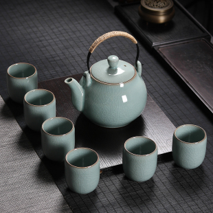 青瓷提梁泡茶壶大号功夫茶具套装家用龙泉冰裂陶瓷大容量茶杯整套
