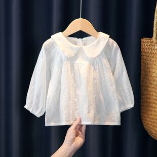 女童秋装白衬衫2024小童公主，蕾丝长袖上衣宝宝，宽松洋气娃娃衫