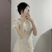 重工蕾丝蝴蝶刺绣旗袍，女新中式晨袍订婚礼服，高端精致白色连衣裙子